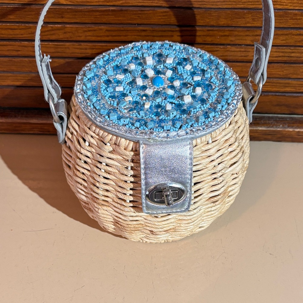 Cappelli Straworld Cream and Blue Beaded Mini Bag